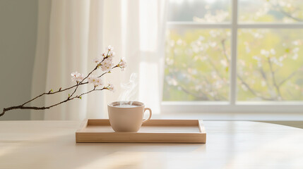 Steaming Cup and Cherry Blossoms on a Wooden Tray