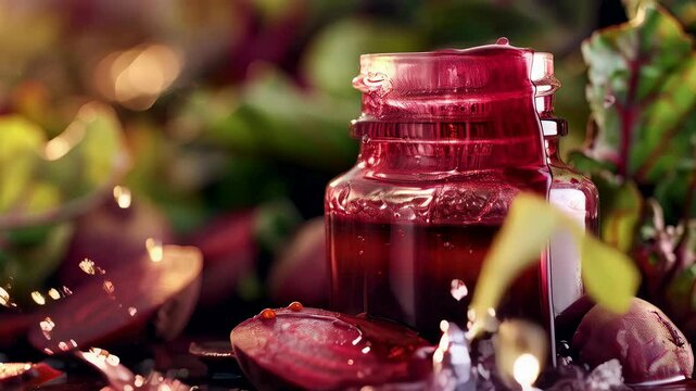 a drop of beetroot essential oil. Selective focus