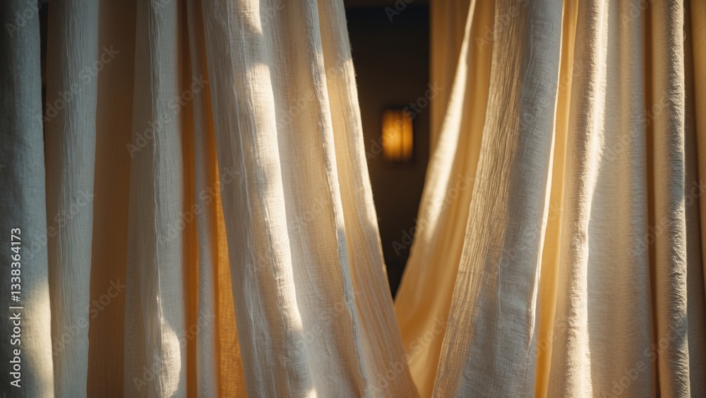 Aufkleber cream-colored curtains drape gracefully, displaying a subtle textured weave. gentle light filters in