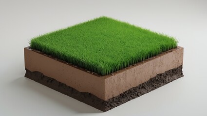 Cubical cross-section featuring underground soil with green grass above, cutaway terrain displaying mud and field in isolation.