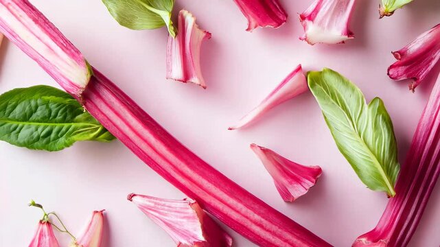 A flat-lay composition of fresh rhubarb stalks, broken petals, and green leaves arranged on a soft pink background. The contrasting textures and colors create a visually appealing botanical scene