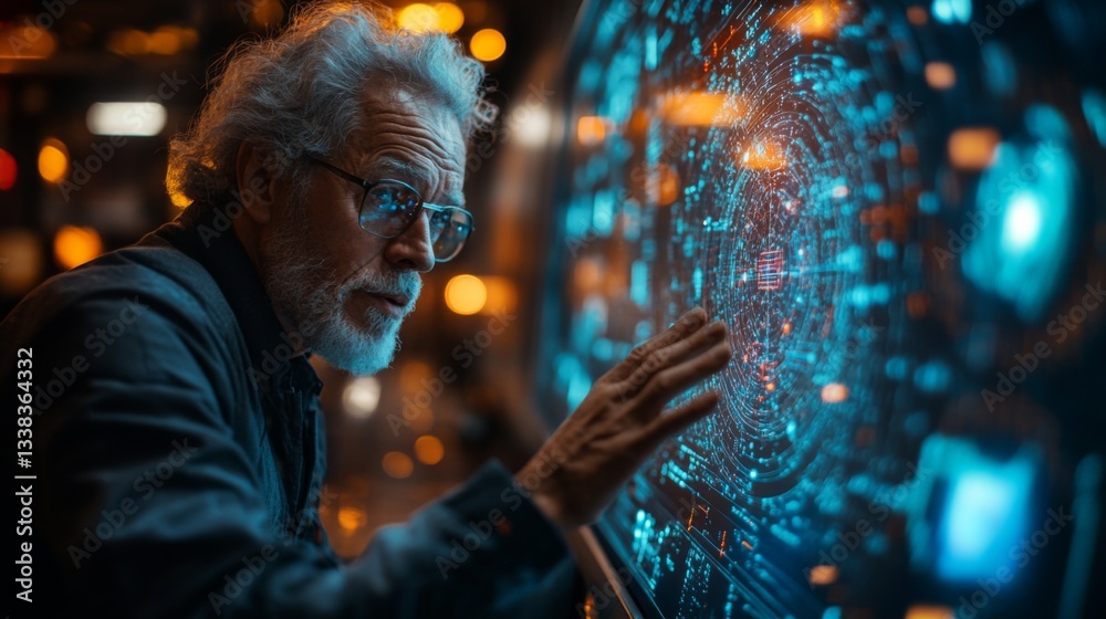 Fototapete An elderly scientist engages with a high-tech simulation displaying quantum concepts like superposition and entanglement. The environment is illuminated with dynamic light patterns.