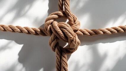 Jute rope tied with a knot or loop against a white background.