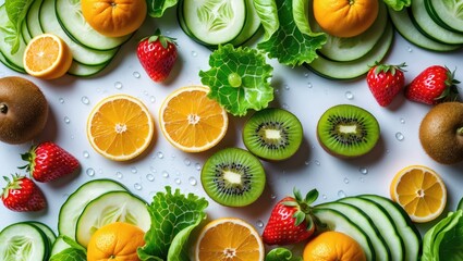 Collage of assorted slices of fruits and vegetables. Fresh food. Concept