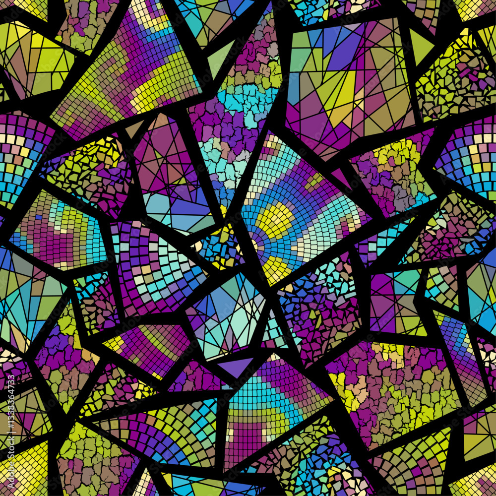 Poster Bright abstract mosaic seamless pattern. Vector background. Endless texture. Ceramic tile fragments.