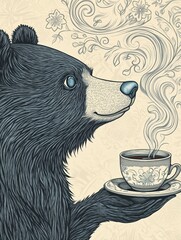 Pencil illustration of a charming cartoon bear holding a steaming coffee cup, with floral-shaped steam, soft textures and cozy feel on white background