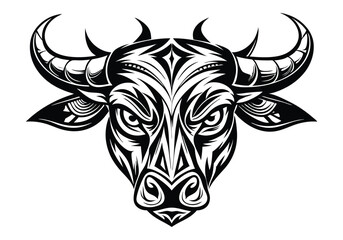 Tribal Bull Head Tattoo – Black and White Vector Illustration with Fierce Tribal Patterns