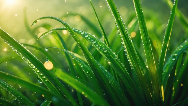 A close-up view of fresh green grass blades embellished with morning dew drops, evoking a feeling of tranquility and a connection to nature. - Powered by Adobe