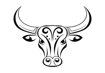 Tribal Bull Head Tattoo – Black and White Vector Illustration with Fierce Tribal Patterns