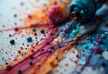 abstract paint splash with colorful beads, close-up photo of art supplies creating vibrant texture