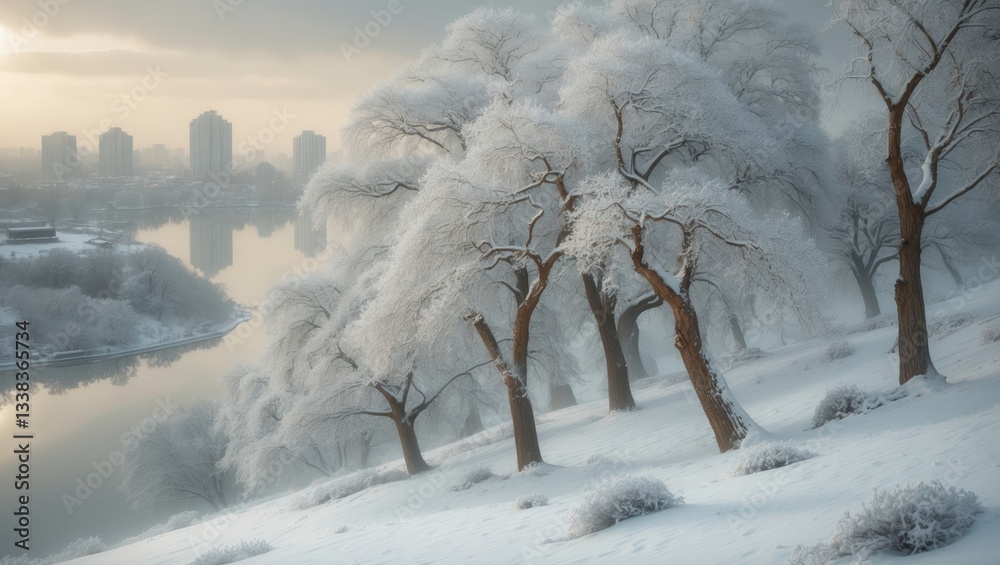 Poster a winter scene showcases a grove of snow-covered trees beside reflective water, with a cityscape fea