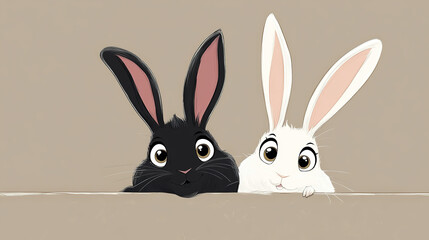 Obraz premium Two Cartoon Rabbits Peeking from Behind a Wall with Expressive Eyes