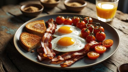 American breakfast featuring two fried eggs, a tomato salad, bacon, toast, and orange juice.