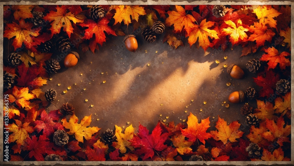 Poster colorful autumn foliage, nuts, and pine cones. double border over a rustic banner backdrop. top-down