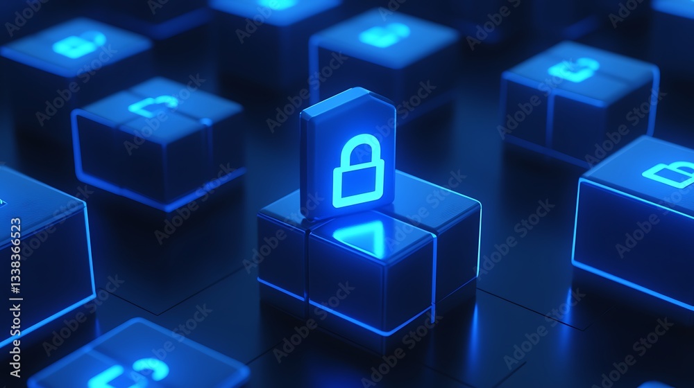 Poster glowing blue lock icon on digital keyboard keys representing cybersecurity and data protection conce