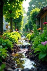 Fototapeta premium Rain gardens filter runoff, permeable surfaces absorb water , Permeable surfaces, ecology , nature