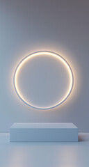 A sleek empty podium with a glowing light ring in the background, creating a modern and futuristic ambiance. Perfect for product displays, luxury branding, technology showcases, and promotional.