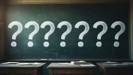 Obraz premium Five question marks sketched in white chalk on a blackboard. Represents confusion, inquiries, options, or educational concept. Background of a classroom or learning environment.