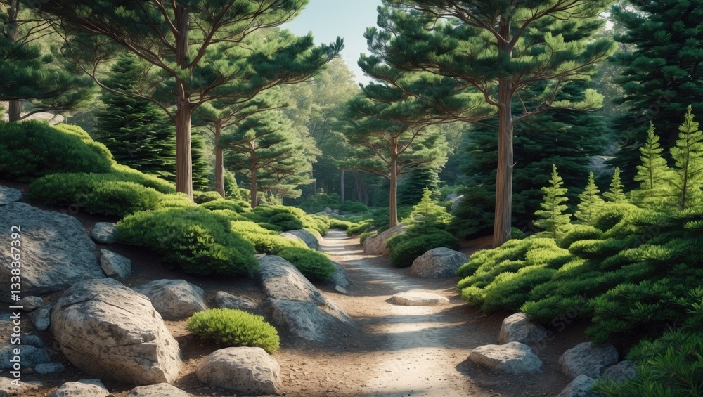 Poster coniferous forest trail. isolated cutout trees on a white background. forest landscape featuring tre