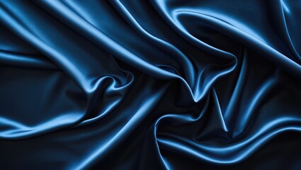 Fototapeta premium Beautiful dark blue silk satin backdrop. Gentle folds on glossy fabric. Luxurious background with space for text, design. Web banner. Flat lay, top-down view table.