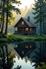 Fototapeta premium Secluded cabin's reflection in still pond, sunlight filtering through trees, morning light, dappled light, sunlight