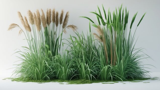 Cut out plant. Reed grass. Isolated cattail and reed plants on a white background. Cutout bulrush and distaff. High-quality clipping mask for professional compositions.