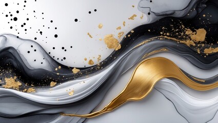 Abstract grey artwork featuring gold on a black and white background, showcasing beautiful smudges and stains created with alcohol ink and golden paint. The grey fluid texture resembles marble, smo...