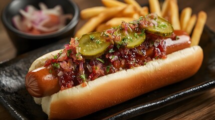 Gourmet Hot Dog Topped With Relish And Fries