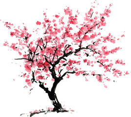 Fototapeta premium Cherry blossom tree, pink flowers on a white background