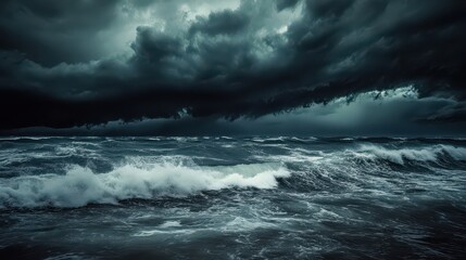 Obraz premium A storm over the sea with dark skies, fierce winds, and waves crashing against the shore, illustrating the power and intensity of weather system.