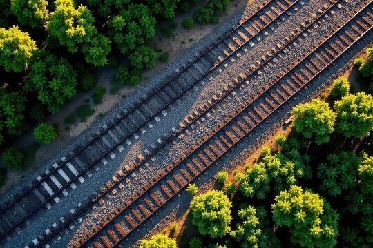 Overhead view, parallel railway lines, gravel ballast, stones, stones