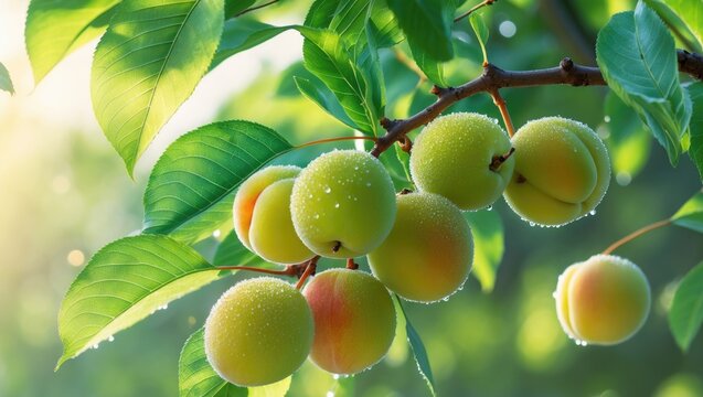 Young Ume fruits, Japanese apricot, on the tree