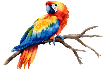 Fototapeta premium Watercolor Illustration of a Vibrant Scarlet Macaw Perched on a Branch with Transparent Background