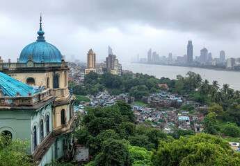 Obraz premium Overcast skies loom over Mumbai's skyline, contrasting modern skyscrapers with vibrant slums near the riverbank