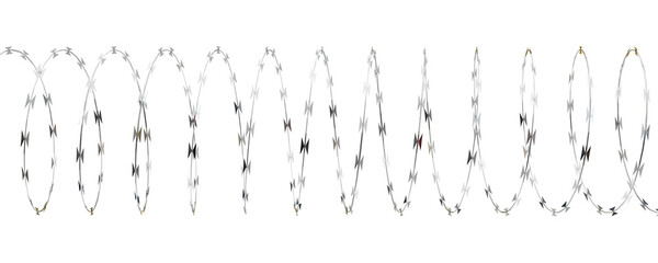 3D razor wire illustration. High-contrast, metallic texture on black background. Perfect for security-themed visuals or industrial designs