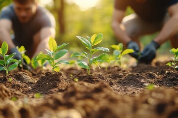 Gardening enthusiasts planting young seedlings in a vibrant garden during a sunny afternoon in early spring