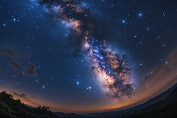 Fototapeta premium Breathtaking Panoramic View of the Glowing Milky Way Galaxy and Twinkling Stars in a Stunning Night Sky