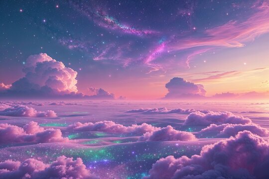 Surreal Cosmic Landscapes with Shimmering Colors and Soft Shapes in Bright Dawn Skies