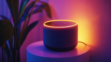 a high-tech AI-powered music speaker, glowing with ambient lighting and adapting its playlist to the user's mood.