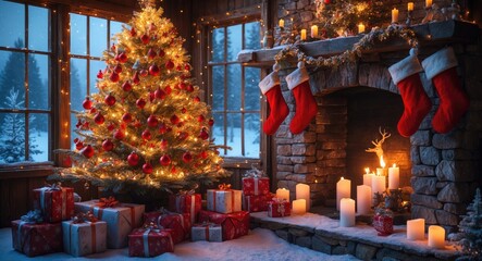 Obraz premium interior christmas. enchanting illuminated tree, fireplace and presents