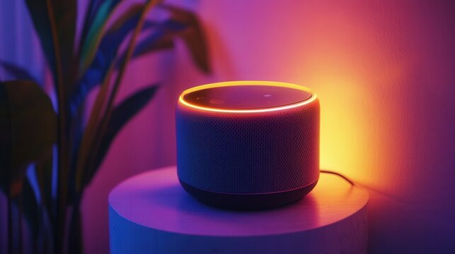 a high-tech AI-powered music speaker, glowing with ambient lighting and adapting its playlist to the user's mood.