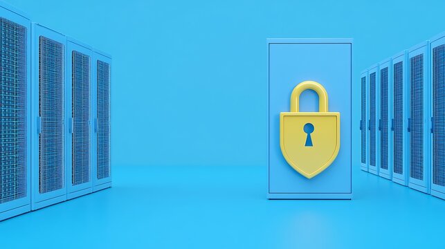 Modern Data Center with Colorful Security Lock Illustrating Cybersecurity and Data Protection Concepts