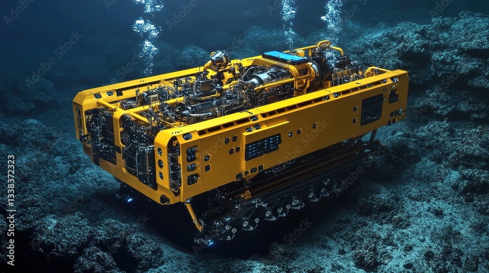 Poster a futuristic subaquatic factory using robotic automation for deep-sea projects.