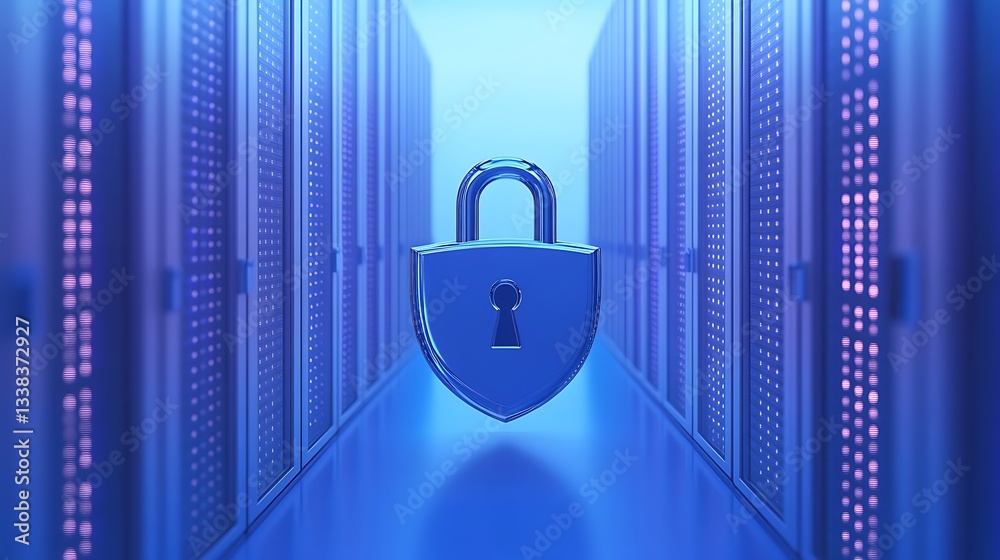 Poster modern data security concept with lock symbol in high-tech server room environment