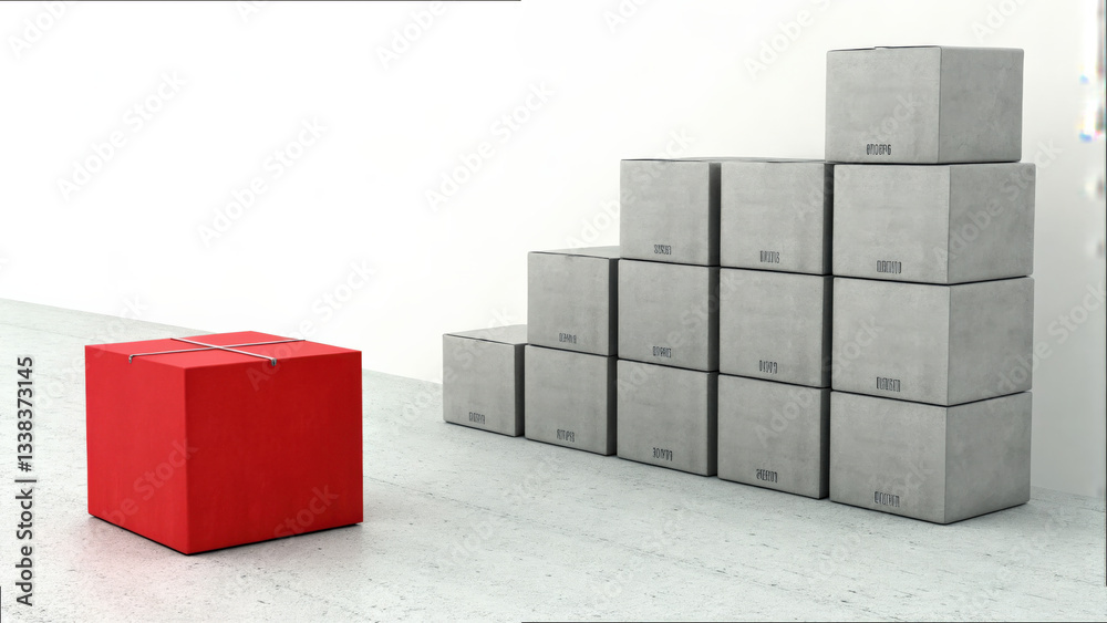 Leinwandbilder red box stands apart from group of stacked gray boxes against minimalist white background, creating 