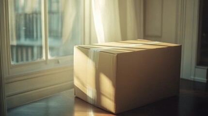 Sunlit Cardboard Box on Wooden Floor by the Window, Symbolizing Delivery and Surprise