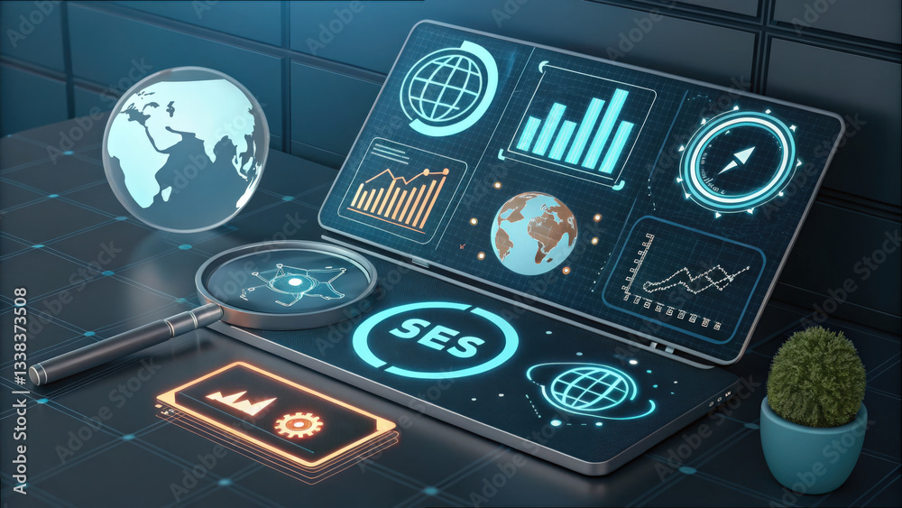 Poster futuristic digital marketing setup with glowing graphs, charts, and globe on laptop screen, symboliz