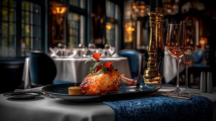 Luxurious Fine Dining  Gourmet Roasted Meat  Elegant Restaurant Setting