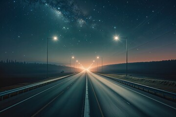 Obraz premium Mystical Atmosphere of Lonely Nighttime Highway Under Starry Sky