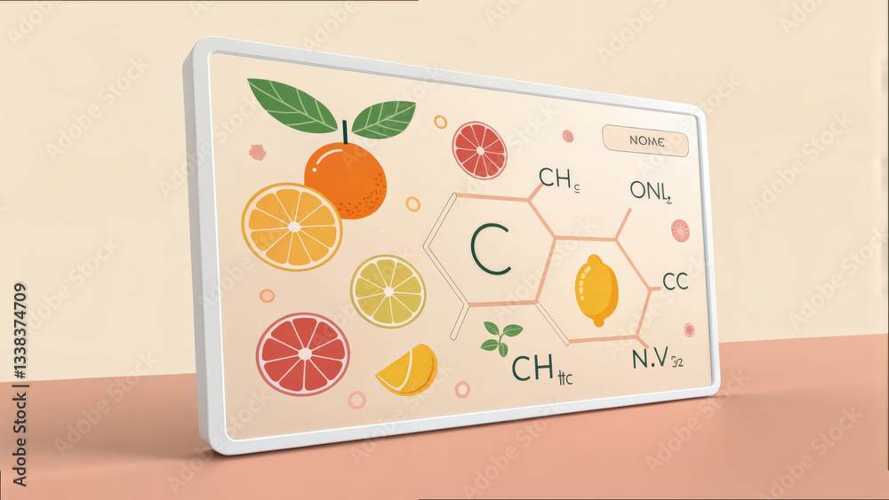 Poster digital display showcases colorful illustration of citrus fruits and vitamin c molecular structure, 